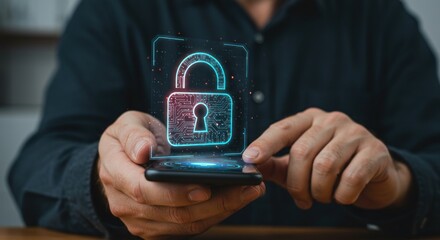 Person using a smartphone displaying a holographic padlock icon