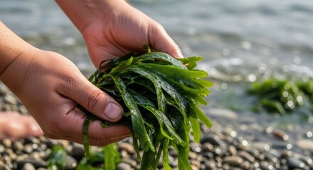 Person harvesting fresh green seaweed from rocky beach