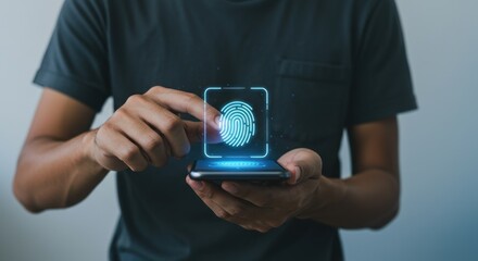 Person using smartphone with glowing fingerprint scanner