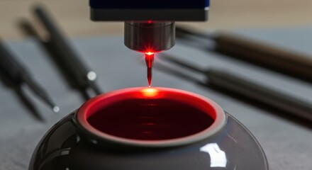 Close-up of laser engraving on ceramic with tools in background