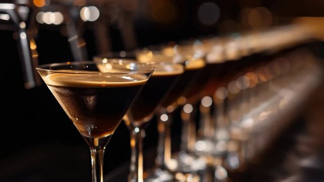 Rows of martinis on a bar, shaken and ready for customers.