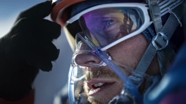 Alpine climber in midinhalation of xenon gas with oxygen sensors faintly visible in blurred background emphasizing cuttingedge altitude training methods in thin air environments.