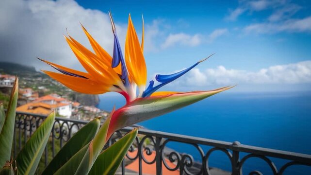 Bird of Paradise Flower with Hummingbird near Ocean View Balcony in Madeira