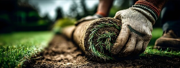 Professional gardener laying new green grass lawn rolls on the garden home and landscape design concept Stock photo contest winner highresolution stock photog.