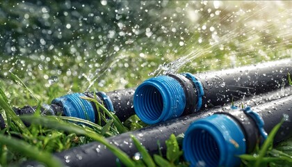 use less hdpe blue and black fittings Simple system for watering a garden using Polyethylene Pipe showing parts of the pipe with some fittings with green fiel.
