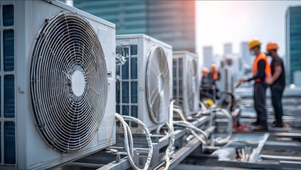 An air conditioning technician working on the roof of an office building There are three large air conditioning units connected to each other with white cable.