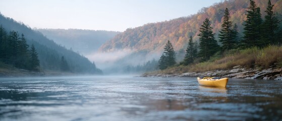 Yellow kayak sits in a calm river surrounded by trees