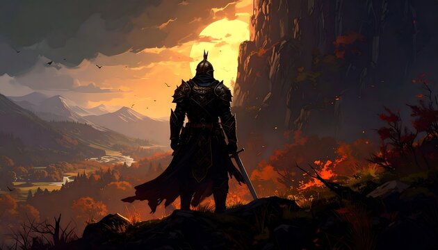 Fototapeta Warrior gazes at autumn landscape