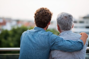 Close up of a young man in a blue shirt embracing an older man in stripes smiling on an outdoor balcony