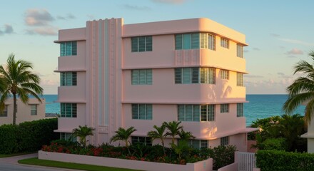 Fototapeta premium Pastel Pink Art Deco Beachfront Building with Ocean Views and Palm Trees