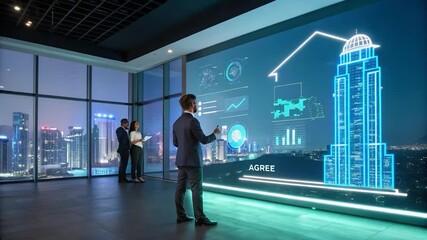 Business Team Analyzing Building Data on Interactive Screen with City View - Powered by Adobe
