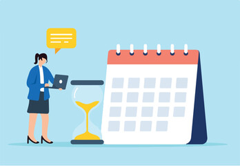 Flat illustration of businesswoman work on laptop with sandglass and calendar managing deadlines for project launch