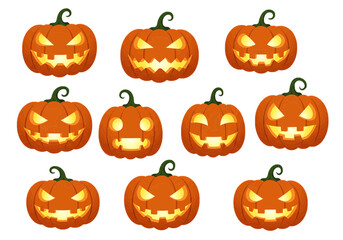 Arrangement of ten halloween pumpkins with various carved faces and glowing light inside them displayed well 100 on transparent background