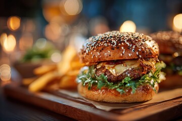 Hamburger in a restaurant,beautiful background