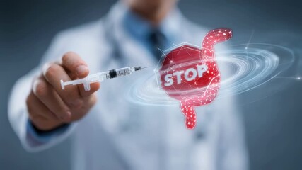 Clear focus on a pharmacist offering an injectable GLP1 pen against a diffused backdrop where a stylized stomach swirl intersects a stop sign representing effective nausea symptom