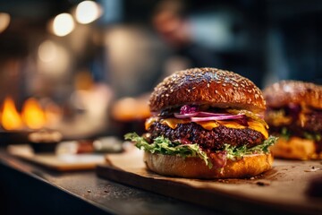 Hamburger in a restaurant,beautiful background