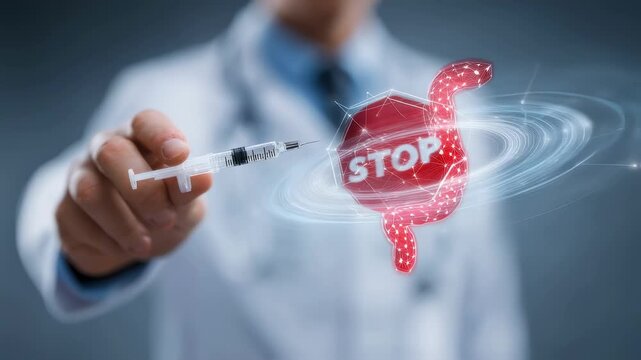 Clear focus on a pharmacist offering an injectable GLP1 pen against a diffused backdrop where a stylized stomach swirl intersects a stop sign representing effective nausea symptom