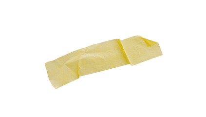 Yellow painter's tape isolated on white background, macro. Torn, crumpled, twisted strips of yellow painter's tape on white background, close-up.