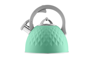 kettle with whistle, matte green color, with rhombus texture on isolated and white background close-up