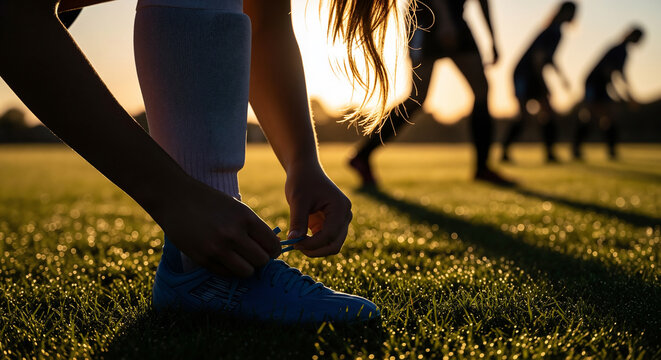 Soccer player tying cleats on field at golden hour sunset
