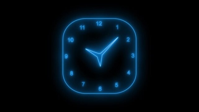Square rim glowing neon clock isolated with a black background
