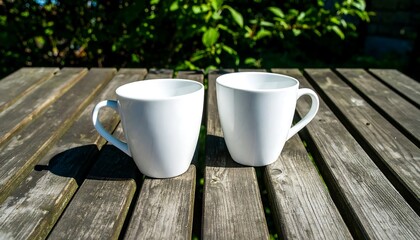 Two white mugs on a wooden table outdoors