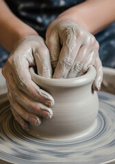 Close-up of hands creating a clay pot on a pottery wheel