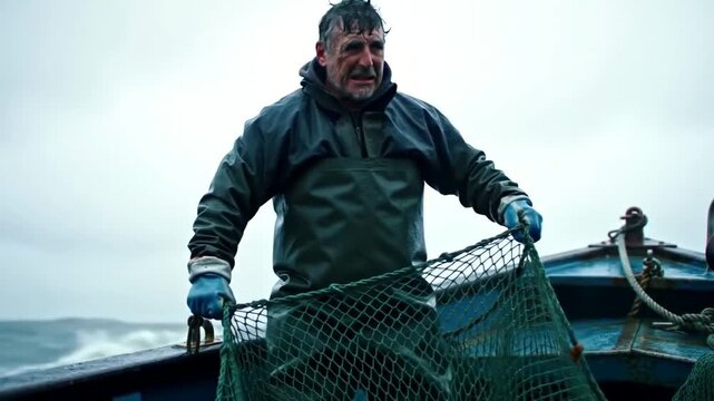 A weathered fisherman in foul weather pulls a fishing net aboard his boat, facing the harsh realities of the sea.