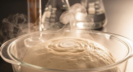 Fototapeta premium Rising bread dough in glass bowl with steam in warm kitchen setting