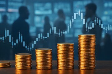 Stock market growth investment strategy financial success and wealth accumulation with coins and charts