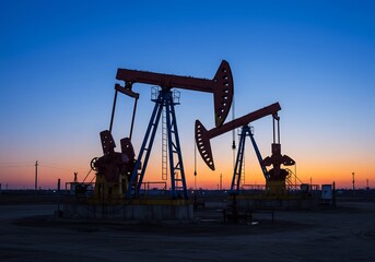 夕焼け空の下、力強く稼働する三基の油田掘削機。