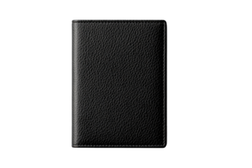 A black leather passport-style wallet, closed, displayed against a black background.  The texture of the leather is visible