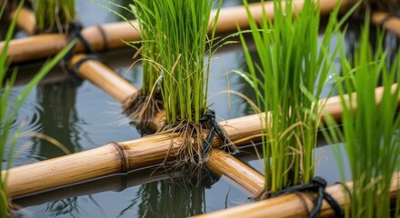 Vibrant green rice plants on bamboo structures in a watery grid