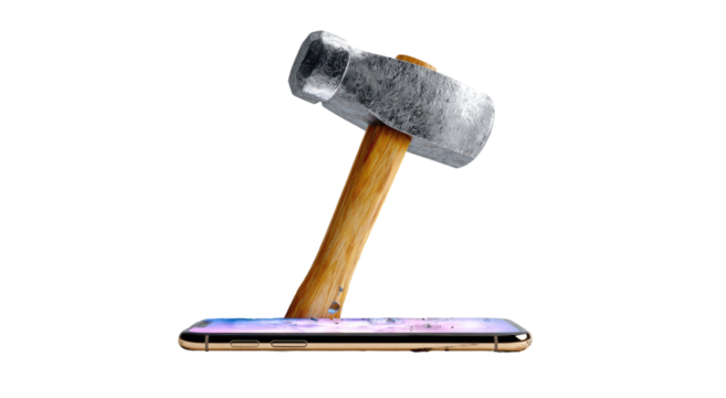 A metal hammer about to strike a smartphone