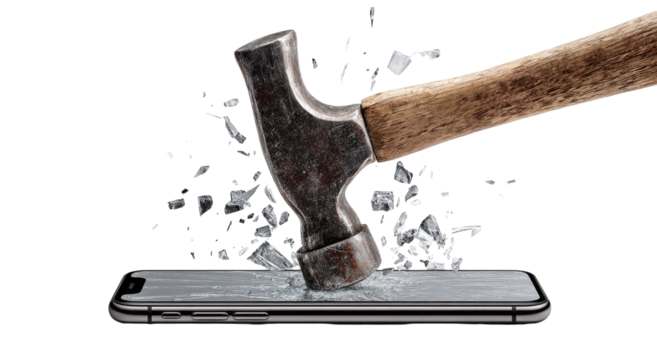 A hammer forcefully strikes a smartphone, shattering the screen into small fragments.