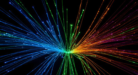  An explosion of colorful fiber optic light strands bursts from a central point against a black background  representing high-speed data transfer  network connectivity  and technological innovation.