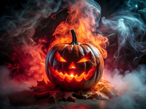 A spooky jack o lantern with a fiery glow and smoky background for halloween celebration
