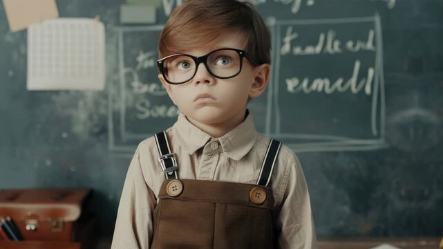 A young boy wearing glasses and a brown vest stands in front of a blackboard. The board has a list of words on it, including "emmell" and "sneem"