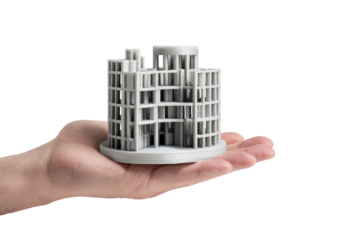 Hand holding a 3D printed model of a building