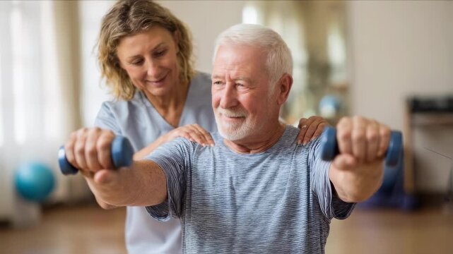 Senior man is lifting weights during a physiotherapy session with the assistance of a female physiotherapist, focusing on rehabilitation and recovery in a bright and modern rehab center
