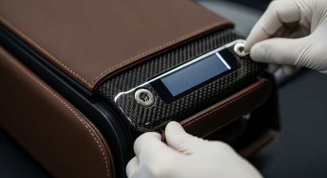 Gloved hands adjusting carbon fiber electronic device on leather surface