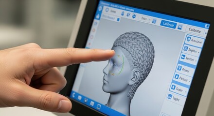 Person interacting with virtual surgery simulation on touchscreen interface