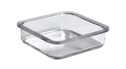 Clear, square, shallow food storage container