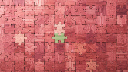 Intricate puzzle pieces with a single green piece amidst rich wooden hues showcasing creativity and challenge in a captivating arrangement