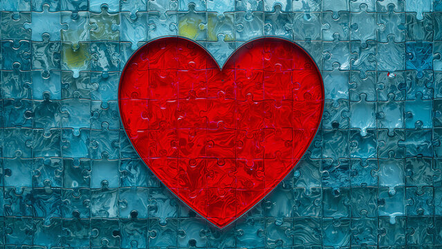 Colorful heart puzzle piece stands out on a blue jigsaw background creating a playful yet emotional vibe in the art piece
