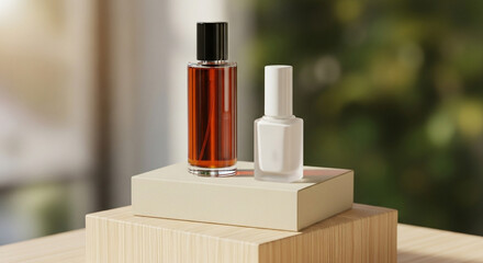 3D rendering mockup of two cosmetic bottles, one perfume bottle and one white nail polish bottle on pack, placed on a natural wooden podium, isolated with a soft blurred natural background, realistic 