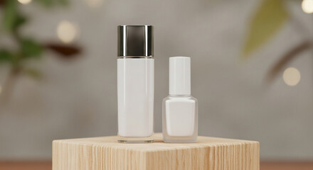 3D rendering mockup of two cosmetic bottles, one perfume bottle and one white nail polish bottle on pack, placed on a natural wooden podium, isolated with a soft blurred natural background, realistic 