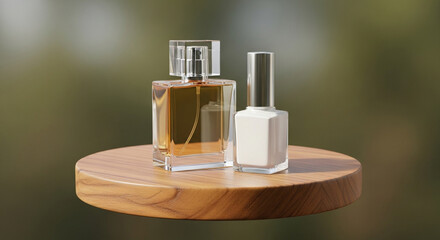 3D rendering mockup of two cosmetic bottles, one perfume bottle and one white nail polish bottle on pack, placed on a natural wooden podium, isolated with a soft blurred natural background, realistic 