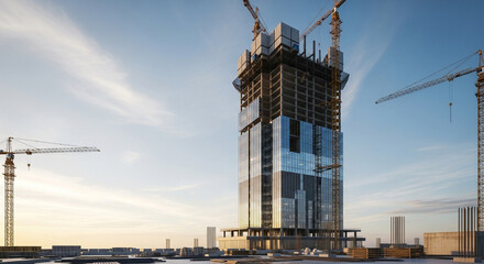 3D rendering of a  skyscraper under construction, no people and no vehicles, morning atmosphere with soft sunrise light, realistic details, modern architecture, clean composition, no text