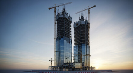 3D rendering of a  skyscraper under construction, no people and no vehicles, morning atmosphere with soft sunrise light, realistic details, modern architecture, clean composition, no text
